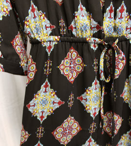 DR2 (Daniel Rainn)- Black w/ Multicolor Tile Print, Elastic Waist Tunic Dress w/ Pockets - Size S