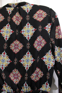 DR2 (Daniel Rainn)- Black w/ Multicolor Tile Print, Elastic Waist Tunic Dress w/ Pockets - Size S
