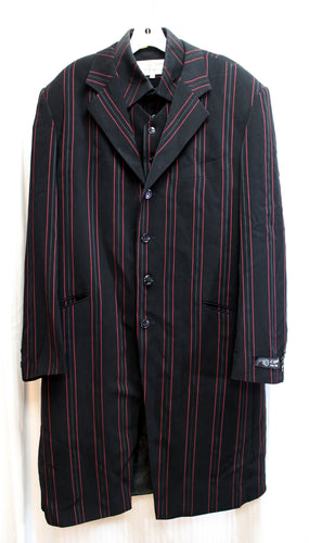 Men's Il Canto, Italian Designer- 3 PC Black w/ Red Pin Stripe, Shirt, Vest & Long Jacket - Size 16.5 Shirt, 40 Jacket