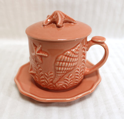 Andrea Sadek - Sea Motif, (Coral, Shells, Starfish) Coffee Mug w/ Lid & Saucer