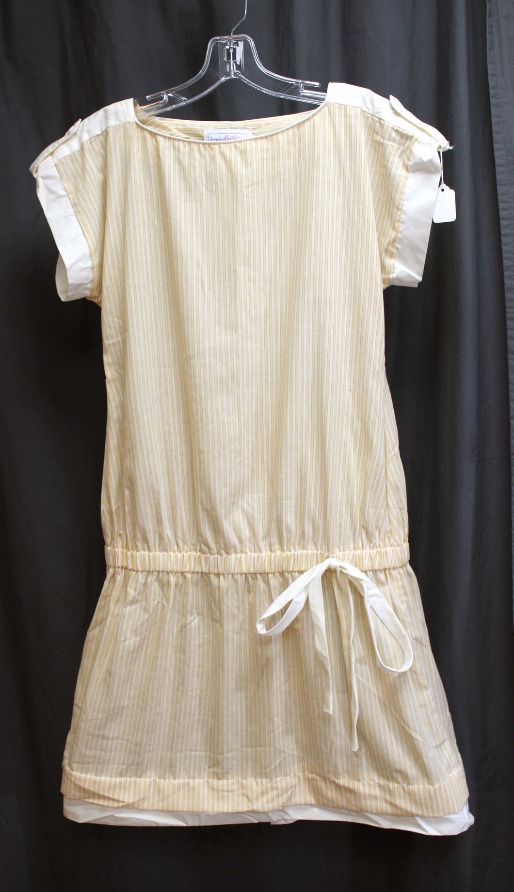 Vintage 1980's- Coquille San Francisco - Yellow & White Vertical Stripe Drop Waist Short Dress - Size 5/6 (Vintage-See Measurements 18.5