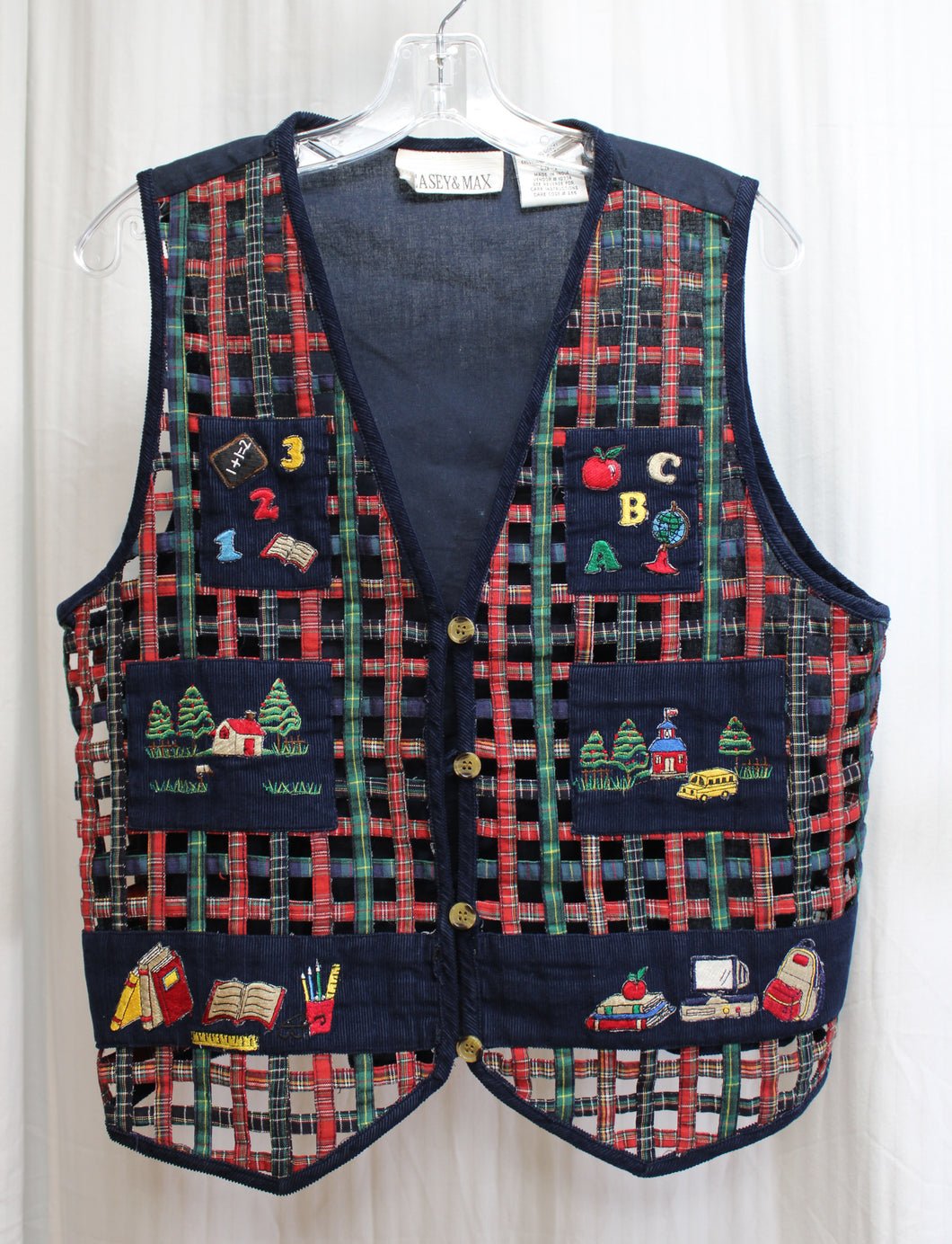 Vintage - Casey & Max - Adorable Open Weave Plaid  School/Teacher Themed w/ Applique & patchwork Vest - Size M (Vintage sizing)