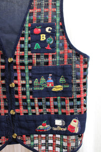 Vintage - Casey & Max - Adorable Open Weave Plaid  School/Teacher Themed w/ Applique & patchwork Vest - Size M (Vintage sizing)