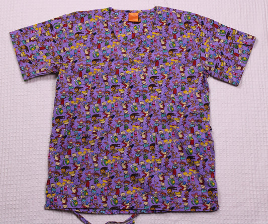 Nickelodeon - Purple Scrub Top all over pattern of Nickelodeon Characters - Size M
