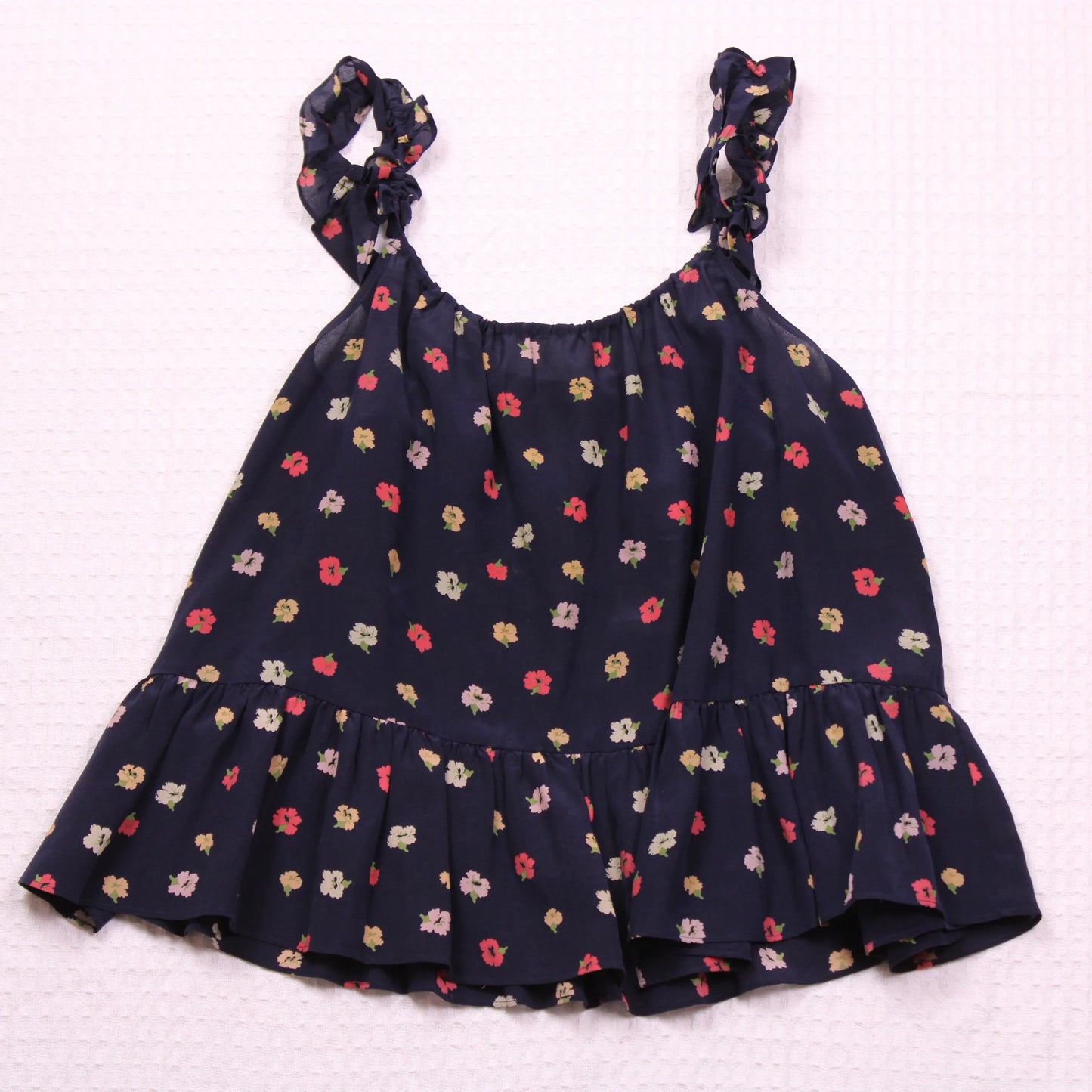 Madewell - Black/Dark Navy Blue Confetti Floral Blue Silk Ruffle-Strap Cami Top
