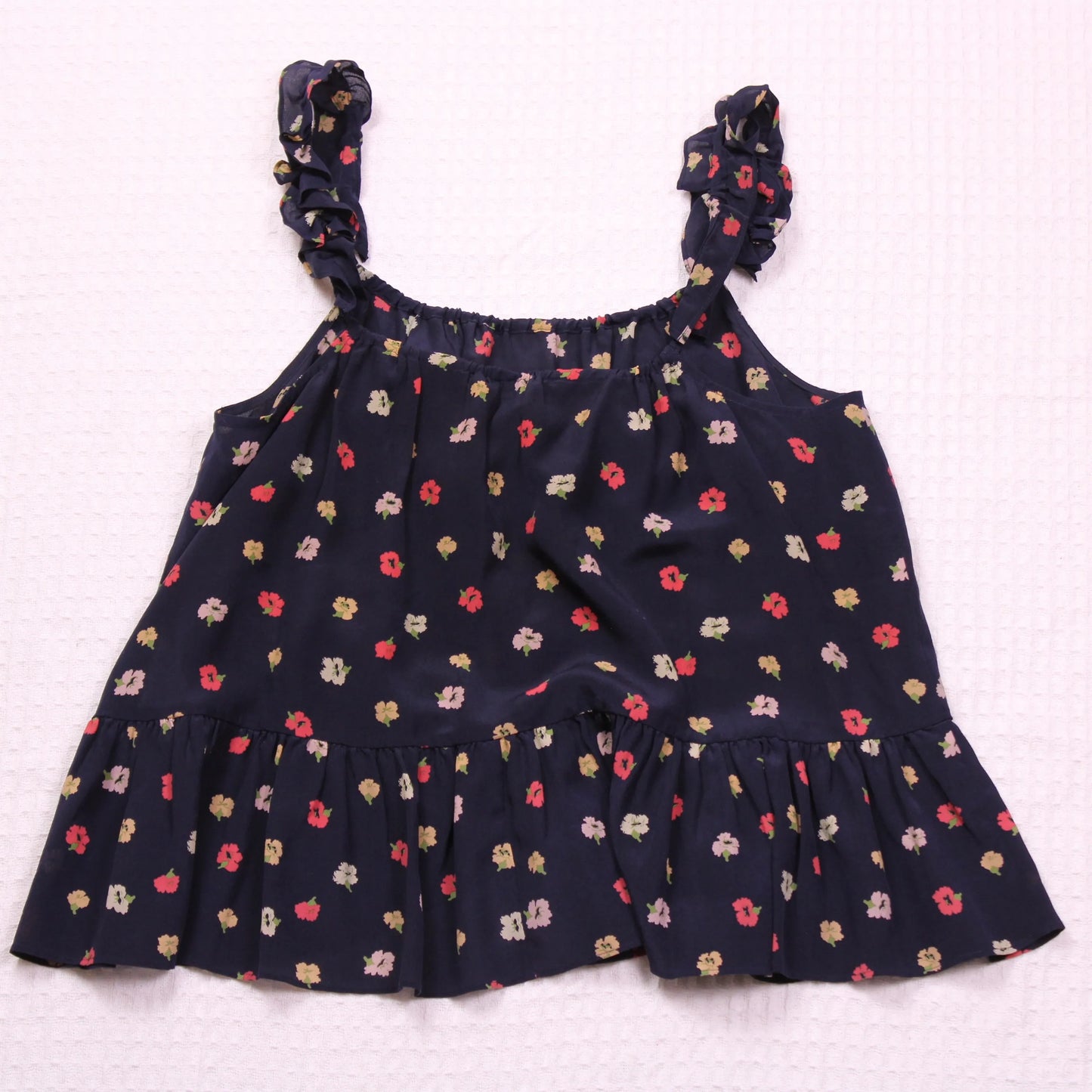 Madewell - Black/Dark Navy Blue Confetti Floral Blue Silk Ruffle-Strap Cami Top