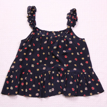 Madewell - Black/Dark Navy Blue Confetti Floral Blue Silk Ruffle-Strap Cami Top