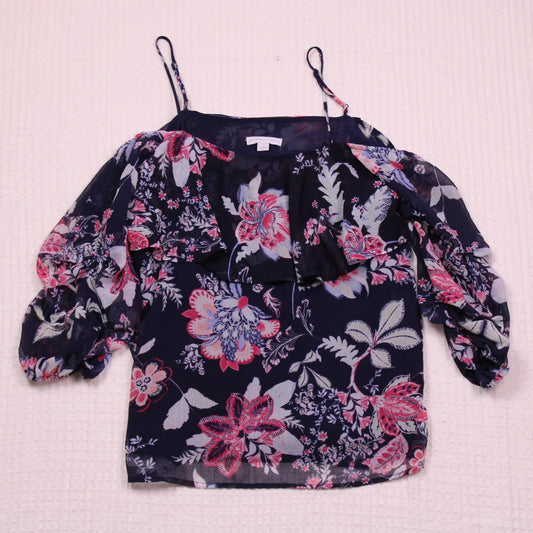 New York and Company - Navy Blue Cold Shoulder Floral Blouse - Size S