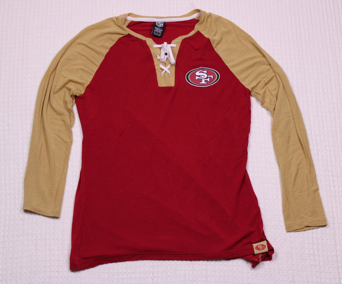 NFL Team Apparel -  Women's San Francisco 49ers Scarlet and Gold Lace-Up V-Neck Long Sleeve Shirt Size L