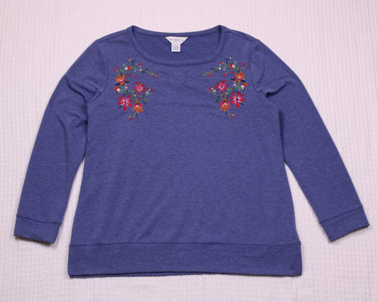 Liz Claiborne Weekend - Blue Embroidered Floral Long Sleeve Sweatshirt - Size L