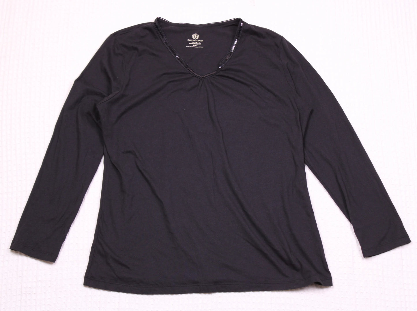 Covington Sport - Black Sequin Collared V-Neck Long-Sleeve T-shirt - Size L/G