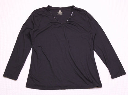 Covington Sport - Black Sequin Collared V-Neck Long-Sleeve T-shirt - Size L/G