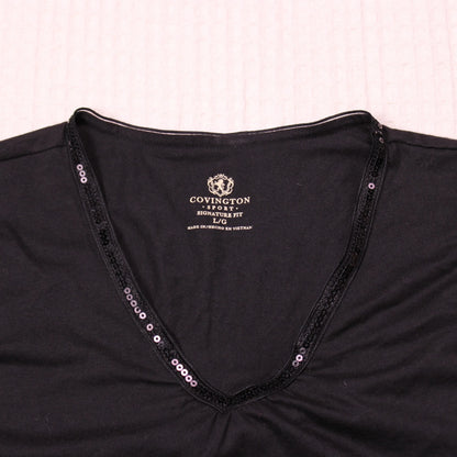 Covington Sport - Black Sequin Collared V-Neck Long-Sleeve T-shirt - Size L/G