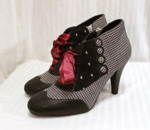 Poetic License, London - Burgundy & Black Houndstooth Vintage Inspired Spat Detail inner Zip Shoes - Size EURO 40 (US 9)