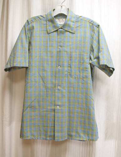 Vintage - Arrow Cot N Rite Sanfordized Fortified Cotton Light Weight, Loop Collar, Blue, Orange & Green Plaid Short Sleeve Shirt - Size 15M (See Measurements)