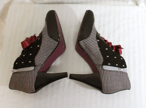 Poetic License, London - Burgundy & Black Houndstooth Vintage Inspired Spat Detail inner Zip Shoes - Size EURO 40 (US 9)