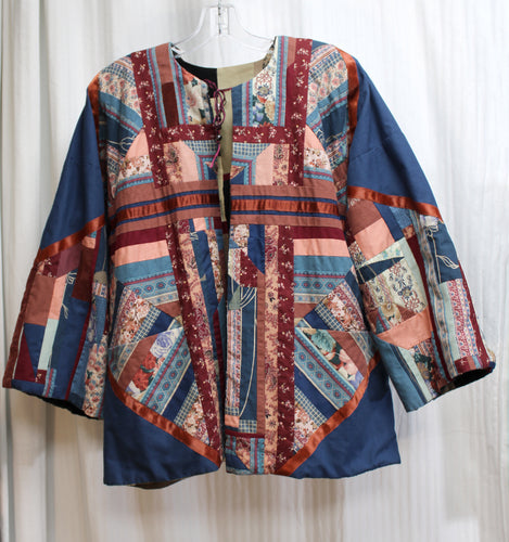 Handmade & Reversible, Quilted Patchwork Kimono Sleeve Jacket w/ Pockets (both Sides) Size M (approx)