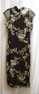 Vintage - Benjamin A - 2 PC Floral Chiffon Asian Style Dress w/ Frog Neck Closure w/Black Sleeveless Shift Under Dress - Size 10 (vintage Sizing See Measurements)