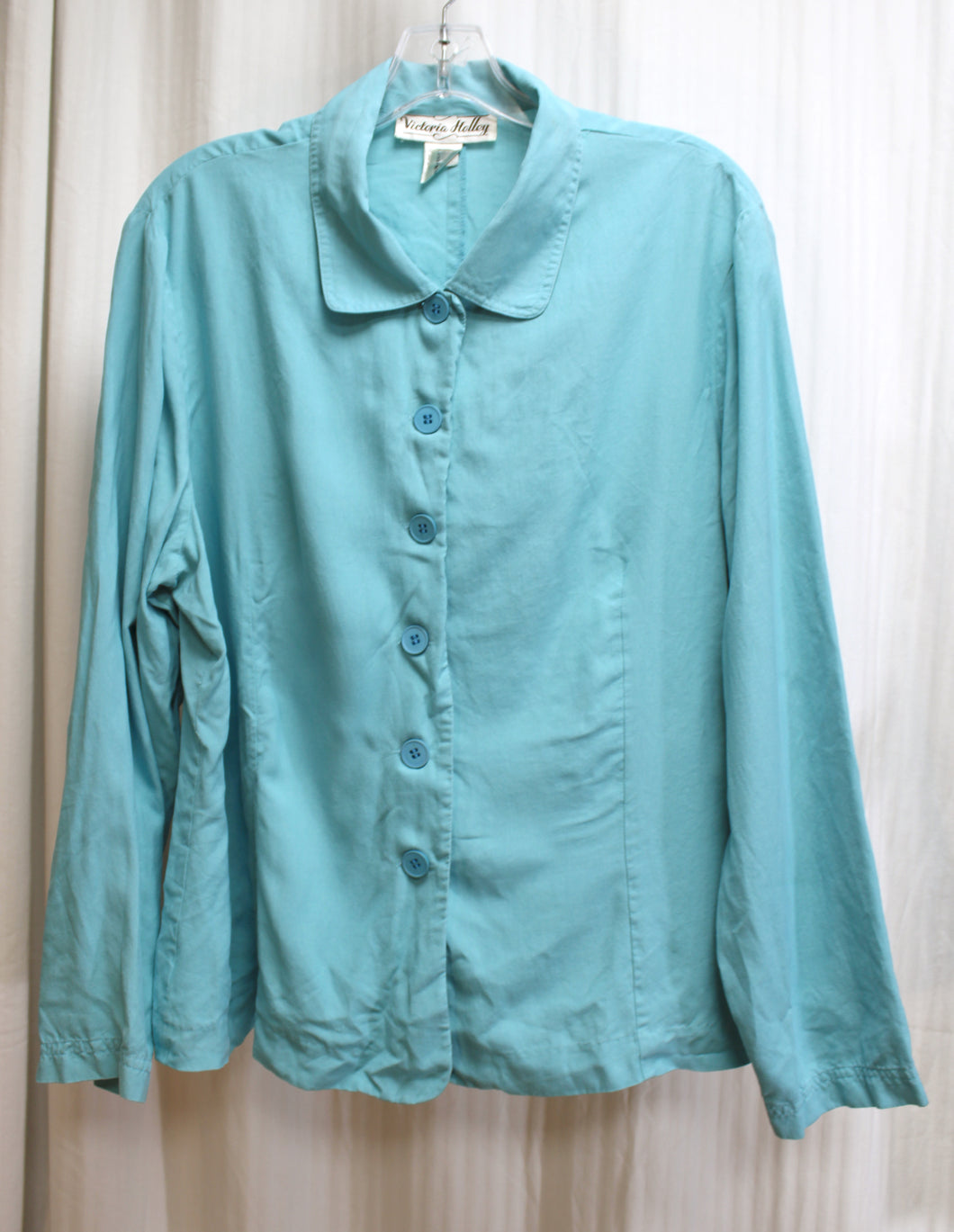 Vintage - Victoria Holley - 100% Silk, Aqua Blue Button Up Shirt - Size 18W