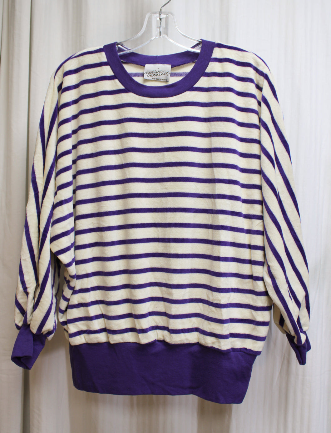 Vintage 80's - Active Interest (Mervyns) - New Wave, Purple & Cream Stripe Velour Velvet Dolman Sleeve Top  - Size L