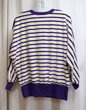 Load image into Gallery viewer, Vintage 80&#39;s - Active Interest (Mervyns) - New Wave, Purple &amp; Cream Stripe Velour Velvet Dolman Sleeve Top  - Size L
