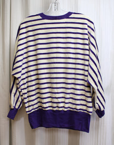 Vintage 80's - Active Interest (Mervyns) - New Wave, Purple & Cream Stripe Velour Velvet Dolman Sleeve Top  - Size L