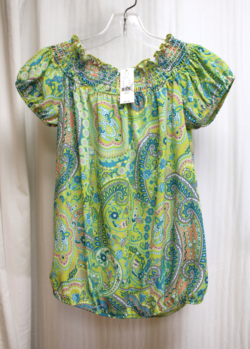 Sweet Pea by Stacy Frati for New York & Co. - Lime & Teal Paisley Smocked Off Shoulder Top - Size s (w/ Tag)