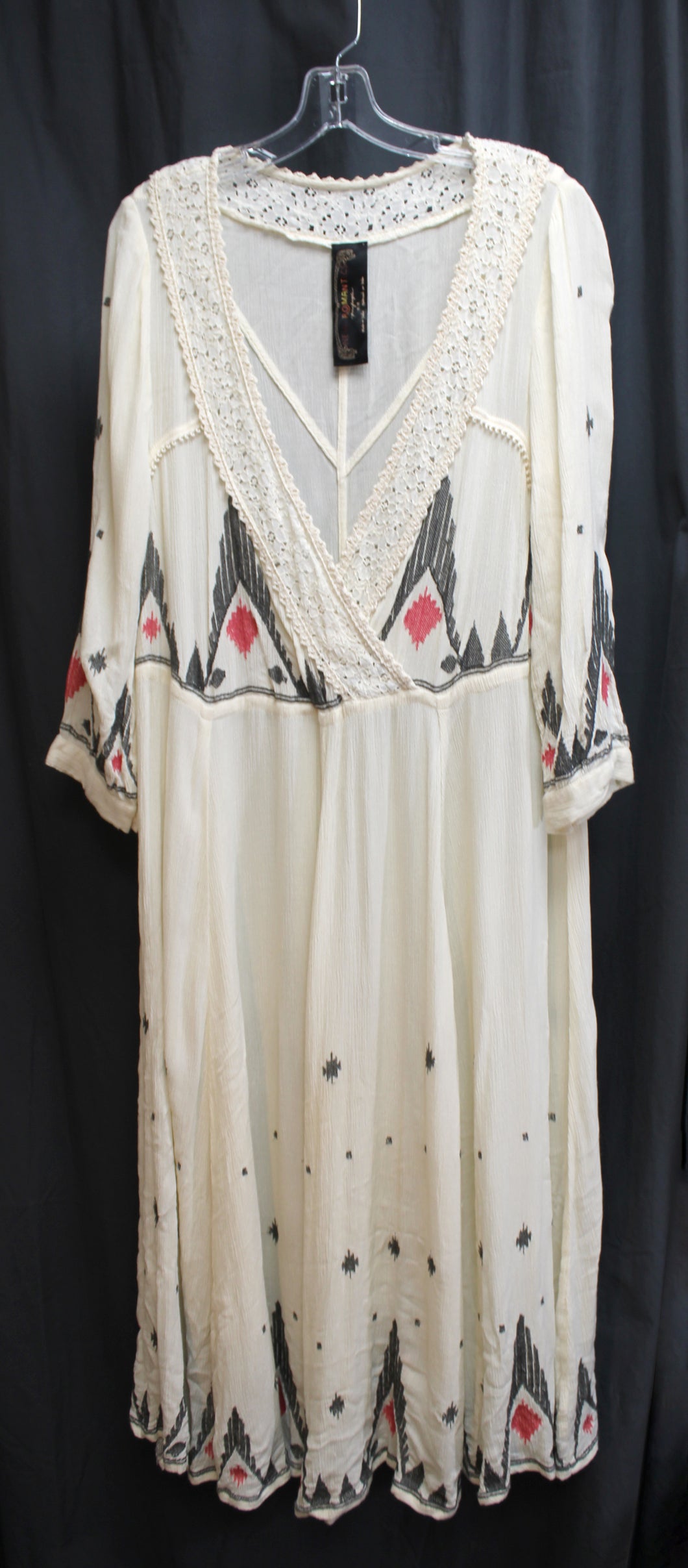 Free People, New Romantics - Cream w/ Black & Red- Low Cut Cross Over Bodice Oversized & Flowy Embroidered Boho Midi Dress - Size M