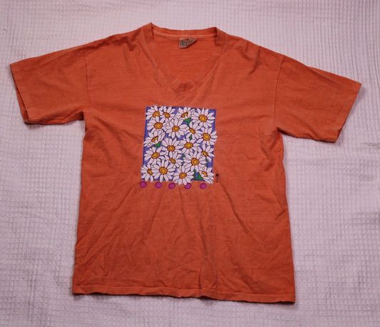 Fresh Produce - Daisy Flower Graphic Orange V-Neck T-Shirt - Size L