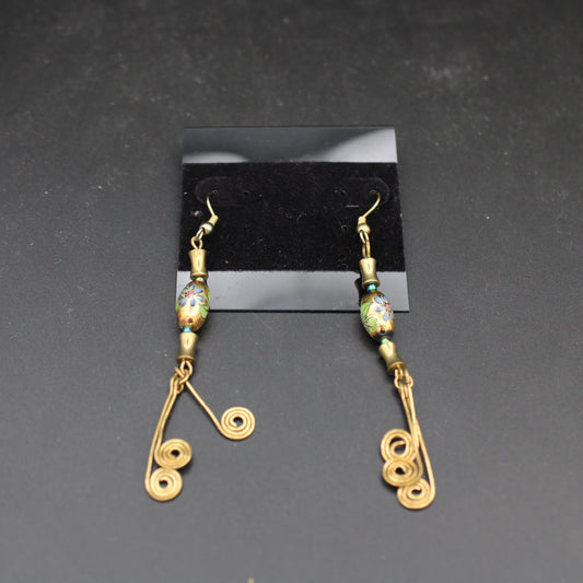 Gold-Tone Wire Spiral Dangle Earrings with Patterned Beads