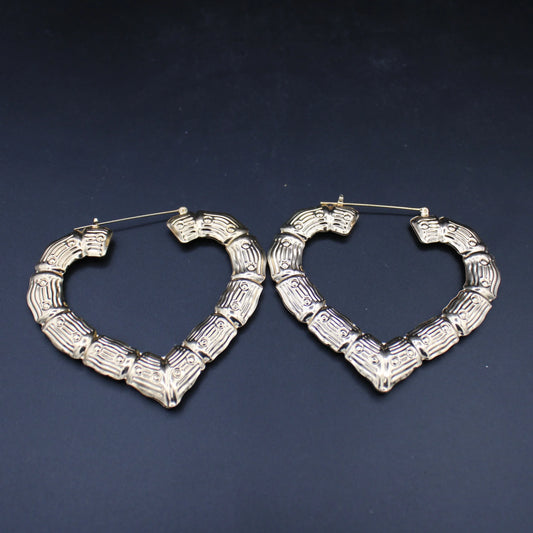 Gold-Tone Chunky Bamboo Heart Hoop Earings
