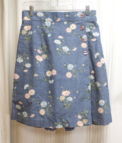 Vintage - Paquette, Byer California - Blue Check w/ Pink & Blue Floral, Cotton Wrap Front Skort/Shorts - Size L