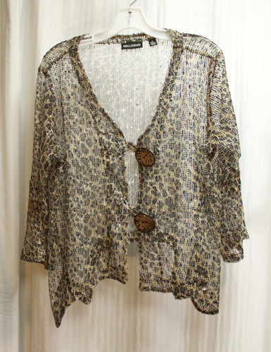 Nina Leonard - 3/4th Sleeve Leopard Print Open Weave Mesh Cardigan w/ Unique Large Carved Coconut Buttons - Size M