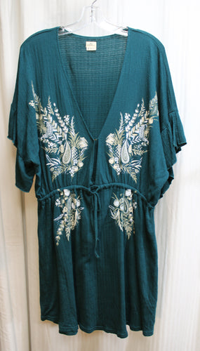 O'Neil - Green V-Neck Floral Embroidered, Elastic & Drawstring Waist Dress/Cover Up - Size M