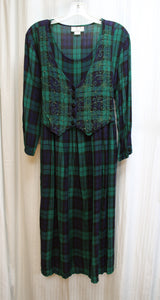 Vintage - L.G.S. Petites - Blue & Green Flannel Long Sleeve Dress w/ Attached Embroidered w/ Delicate Beads Tie Back Vest - Size 8P (Petite)