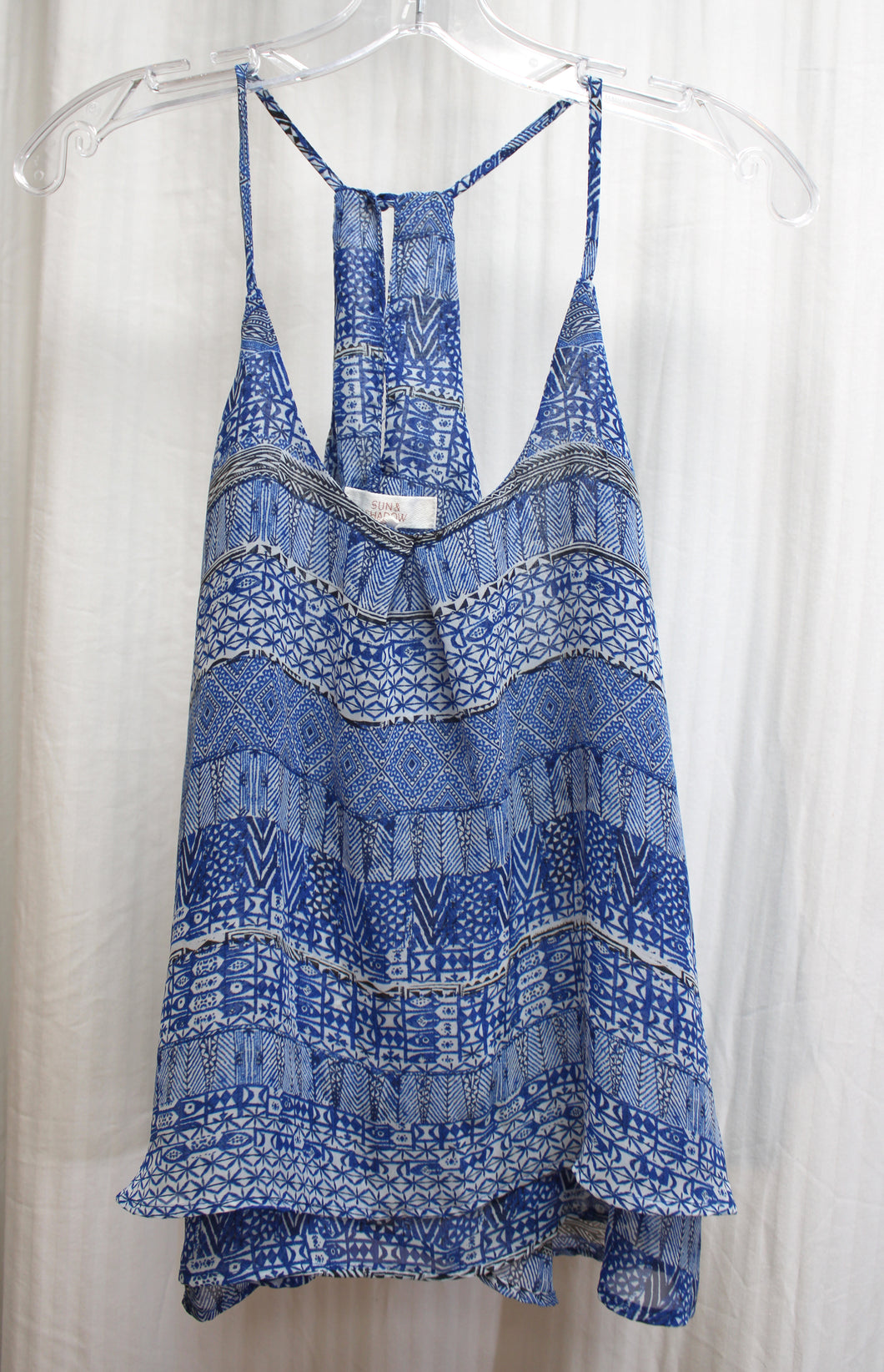 Sun & Shadow - Blue Boho Print Lightweight & Flowy Spaghetti Strap Racer Back Top - Size L
