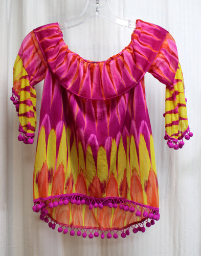 INC International Concepts - Lightweight Bright Pinks To Yellow, Off/On Shoulder Top w/ Pom Pom trim - Size PP (Small Petite)