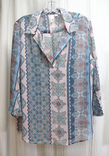 Kut From the Kloth - Blues & Pink Bohemian Print Sheer V-Neck Pullover Top - Size L