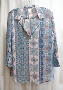 Kut From the Kloth - Blues & Pink Bohemian Print Sheer V-Neck Pullover Top - Size L