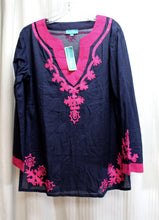 Load image into Gallery viewer, Southern Frock - Lightweight Navy w/ Magenta Pink Embroidery Tunic - Size M (w/ Tag)