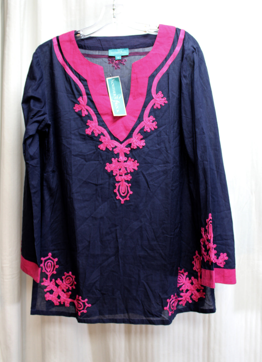Southern Frock - Lightweight Navy w/ Magenta Pink Embroidery Tunic - Size M (w/ Tag)