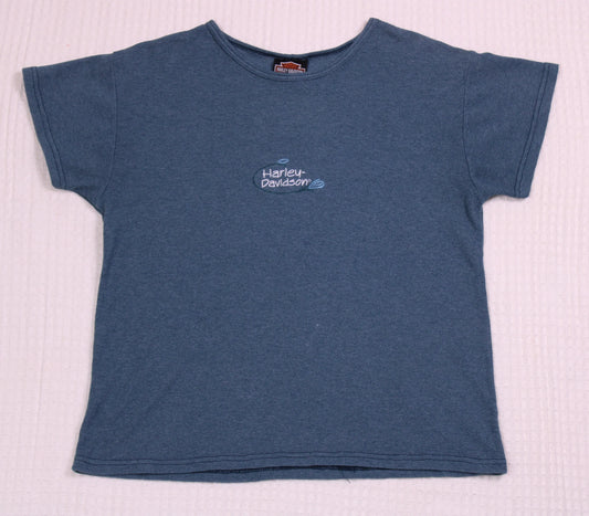 Harley Davidson - Vintage Y2K - Dusty Blue Embroidered Script Logo Waffle-Knit T-Shirt - Size L