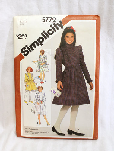 Vintage 1982 - Simplicity 5772 Girls Pullover Dress (w/ Ruffles, Prairie) Size 12 - Uncut - Sewing Pattern