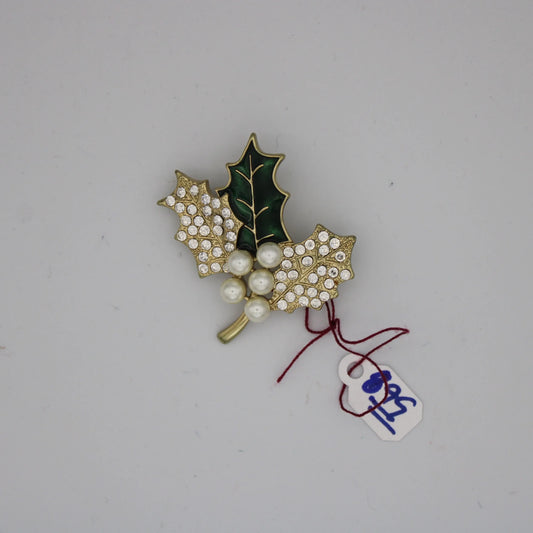 Holly Branch Christmas Brooch
