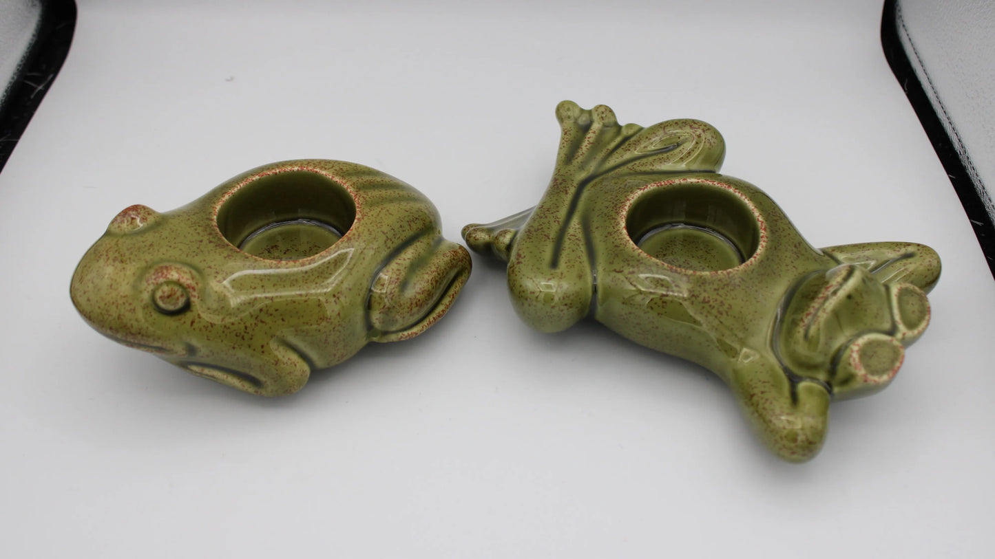 Retired Set of 2 Party Lite Green Floating Frogs Candle Holder