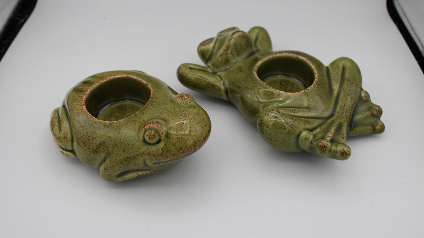 Retired Set of 2 Party Lite Green Floating Frogs Candle Holder