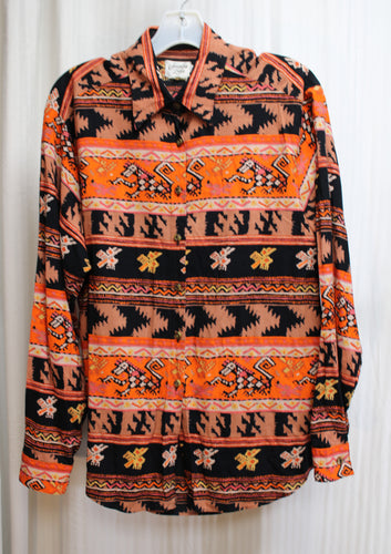 Vintage - Jennifer Lane - Oranges & Black Aztec Print, Button Up Shirt - Size L