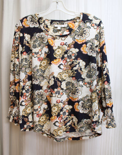 Chico's - 3/4th Sleeve Wide Neck Bohemian Print Top - Size 2 (Chico's Sizing = Large)