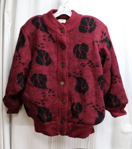 Vintage - Koret Petites - Wine Red w/ Leaf Pattern - Chunky Wool Cardigan w/ Unique Antique Car Enamel Buttons - Size L (Approx)