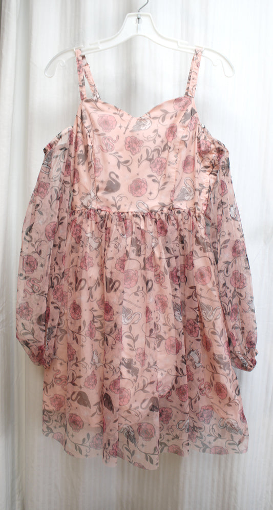 The School for Good and Evil - "Evers" Pink w/ Unicorn, Swans, Roses... Lace Up Back Fantasy Print , Cold Shoulders Short Princess Dress - Size S